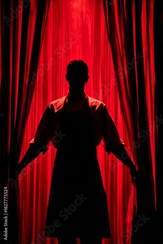 Silhouette of a person opening red curtains