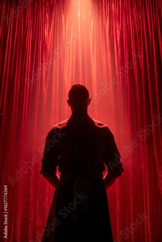 Silhouette of a person standing against red curtains