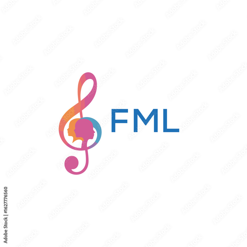 Fototapeta premium FML “Colorful music logo with human faces and treble clef design” FML Later Logo, “Abstract music school logo with people and melody icon” 