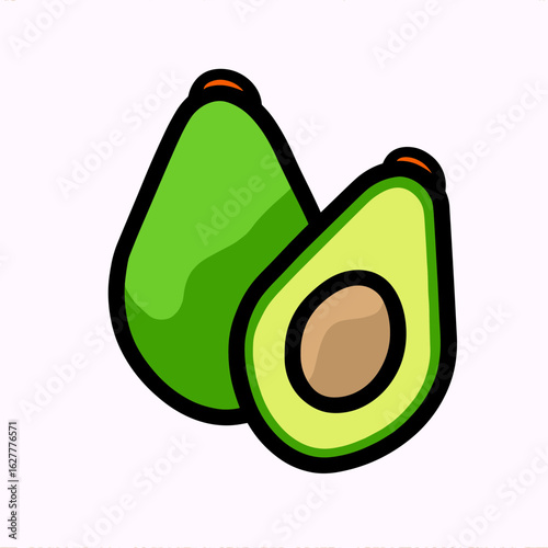 Two avocados, one whole with green skin and a red stem,