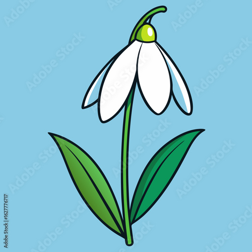 A charming cartoon illustration of a single white snowdrop flower with green leaves on a light blue background