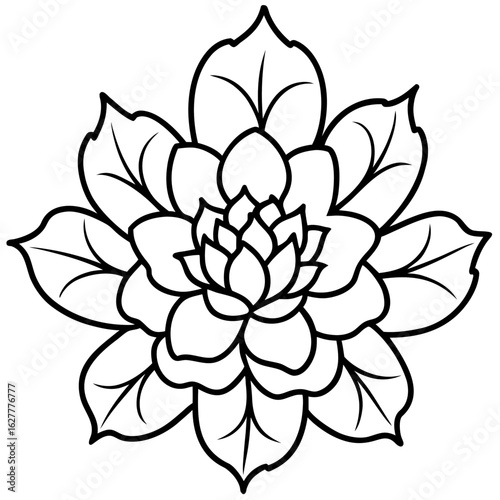 Stylized black and white line art of a blooming flower with layered petals and leaves
