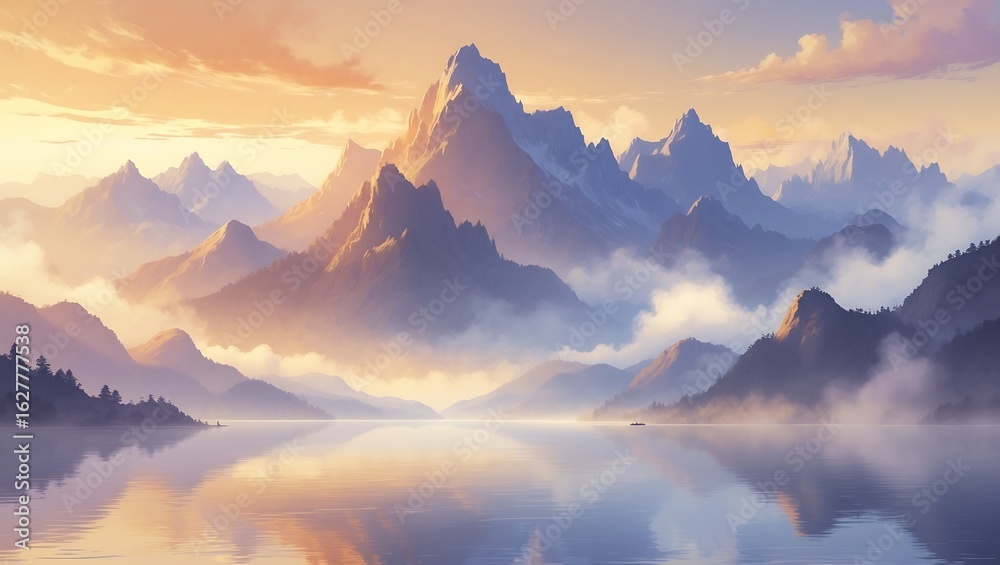 Obraz premium Majestic mountain range reflected in calm water at sunrise with soft clouds