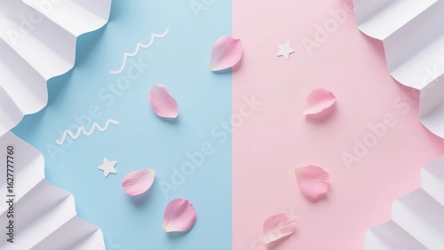 A flat lay composition with a feminine aesthetic, featuring a background split between light blue and pink, decorated with flower petals and paper fans.