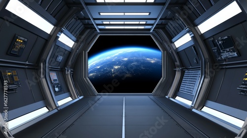 Fototapeta Naklejka Na Ścianę i Meble -  Spaceship interior. View on open space or planet. Futuristic sci-fi laboratory or corridor with neon light.