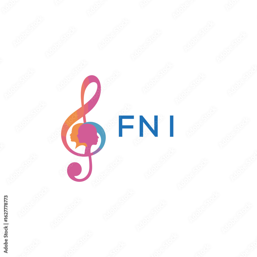 Fototapeta premium FNI “Colorful music logo with human faces and treble clef design” FNI Later Logo, “Abstract music school logo with people and melody icon” 