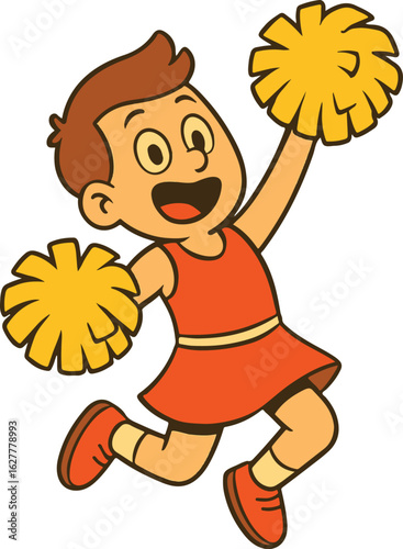A vibrant cartoon illustration of an enthusiastic male cheerleader jumping with yellow pom-poms, showcasing team spirit and youthful energy.