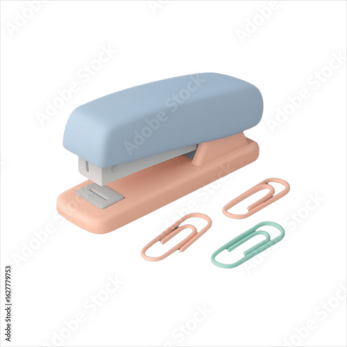 A red plastic stapler and a pile of metal staples are isolated on a white background, ready for office work