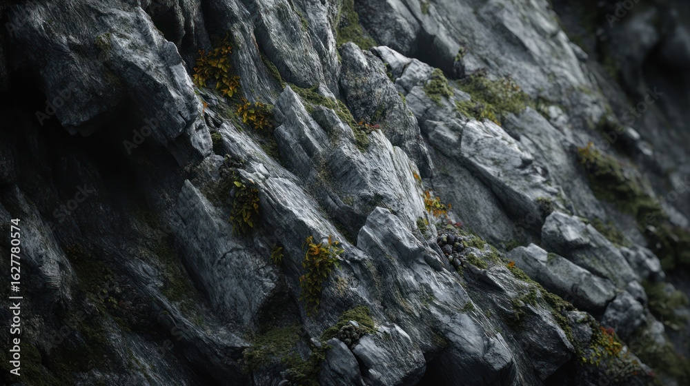 Close-up view of layered gray rocks, covered in moss and small yellow plants Close-up view of layered gray rocks, covered in moss and small yellow plants