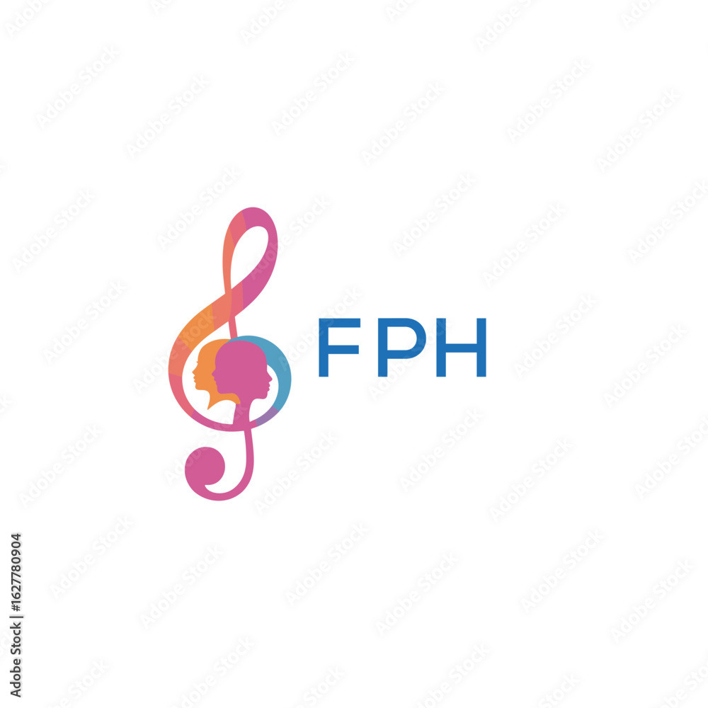 Naklejka premium FPH “Colorful music logo with human faces and treble clef design” FPH Later Logo, “Abstract music school logo with people and melody icon”