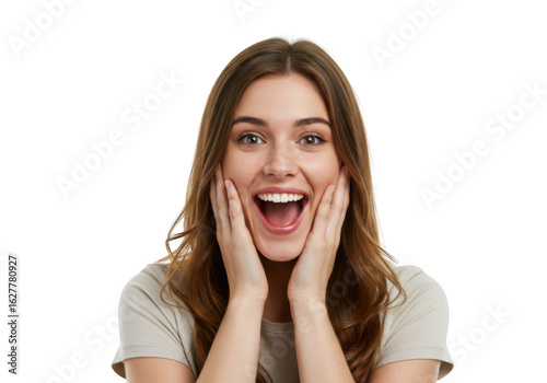 Young woman expressing surprise and excitement isolated on transparent background