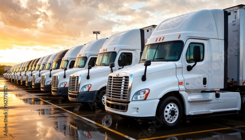 Trucking operation event freight yard vehicle fleet evening sunlight ground level logistics efficiency