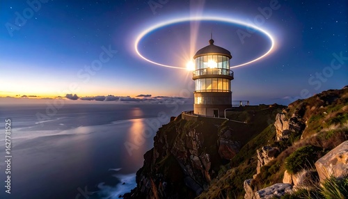Lighthouse Beam at Dusk on Cliff Overlooking Ocean