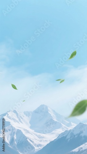 A tranquil illustration of majestic snow-capped mountains under a soft blue sky with a few fluffy clouds, as green leaves gently float in the air.