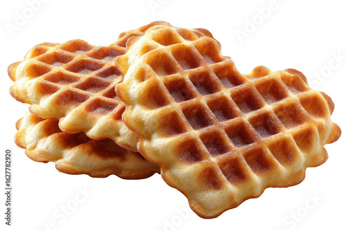 Heart-shaped waffles stacked, light golden brown, dusted with sugar