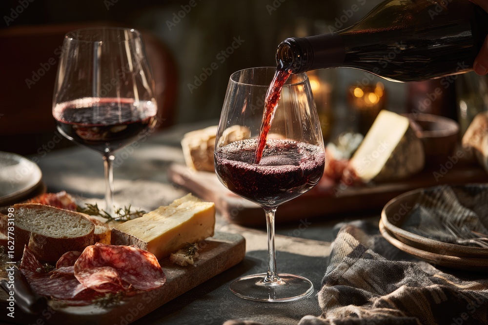 Red wine being poured into a glass, alongside a charcuterie board with cheeses and meats, on a rustic table Red wine being poured into a glass, alongside a charcuterie board with cheeses and meats, on a rustic table