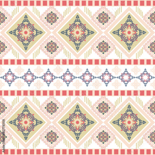 Orange and yellow vector abstract damask seamless pattern with ornamental geometric ornament. Design for wallpaper, elaborate border, and textiles. Kente cloth.