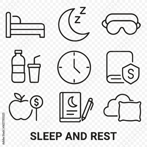Sleep and Rest Icons Set – Bedtime Routine, Relaxation, and Wellness Symbols in Outline Style, sleep, rest, bedtime, relaxation, sleep icons, outline icons, wellness, bedtime routine bundle peck.