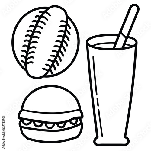 Baseball burger and drink with straw hamburger beverage