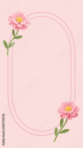 A simple and minimalist vertical frame background featuring a pink oval border and two delicate pink flowers with yellow centers, perfect for mobile phone backgrounds, social media stories, or invitat