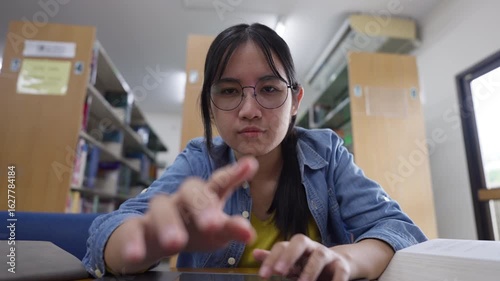 A focused young Asian female student with glasses uses a laptop and books to do research in a library, representing digital learning, hybrid education, and student lifestyle concepts.