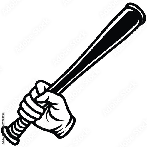 Black baseball bat held by a gloved hand holding black and white