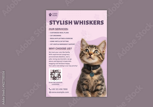 Safe and Stylish Cat Collars Flyer with Cute Kitten Walking Near Butterfly for Pet Accessory Promotion, Editable Design.