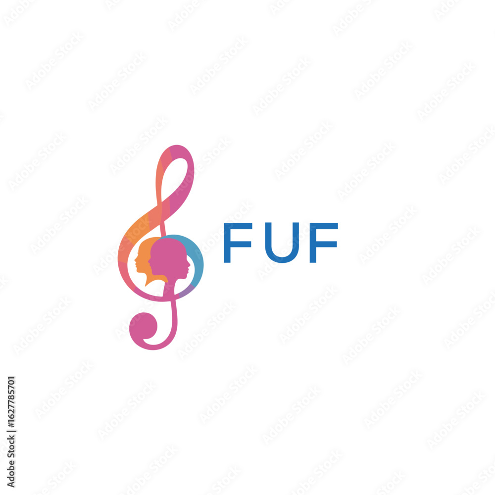 Fototapeta premium FUF “Colorful music logo with human faces and treble clef design” FUF Later Logo, “Abstract music school logo with people and melody icon” 