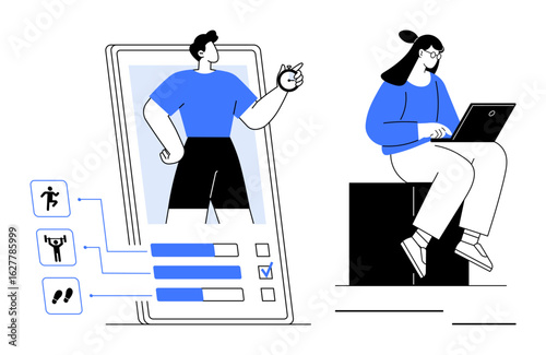 Fitness app screen with athlete figure and activity checklist, next to a woman working on a laptop. Ideal for fitness, technology, health, exercise monitoring, mobile apps, remote work, simple flat