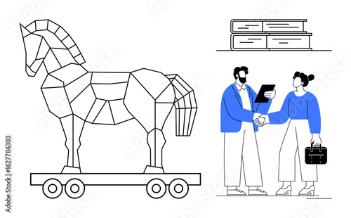 Trojan horse on wheels, two professionals shaking hands holding documents, stack of books nearby. Ideal for business strategy, teamwork, negotiation, partnerships, education, deception