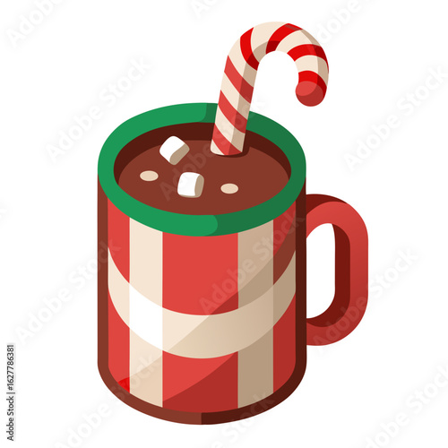Hot chocolate with marshmallows and candy cane isolated on white background