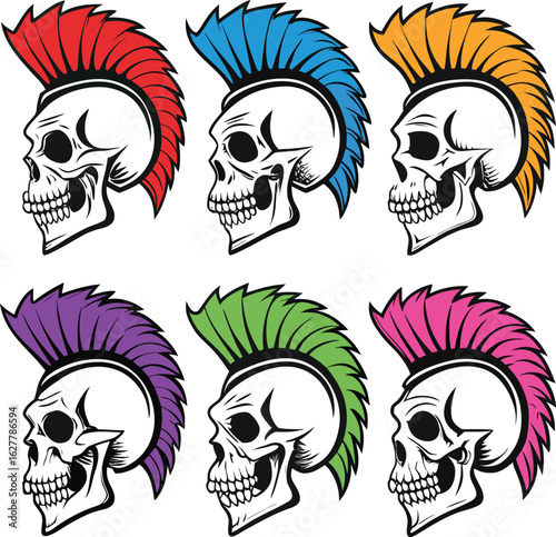 set collections skull head punk hair icon. rocker skull mohawk design vector illustration