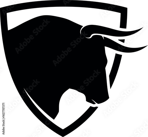 Black bull head silhouette on shield emblem