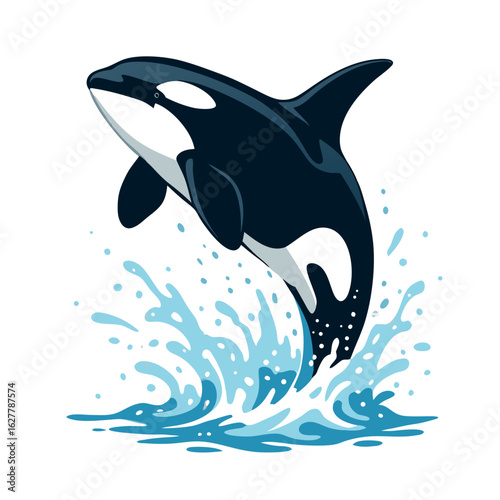 A stylized orca vector jumps out of the ocean with a splash of water on a white background