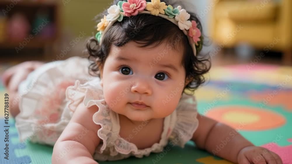 Baby girl in floral headband looking at the camera Baby girl in floral headband looking at the camera
