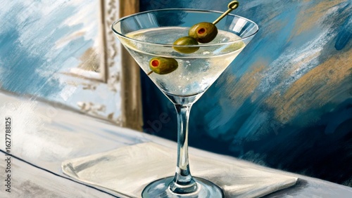 Elegant martini served in a crystal glass with olives on a napkin against a vintage backdrop