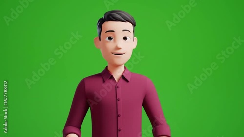 Talking male avatar in maroon shirt, 3D style, ideal for compositing into various presentations.
