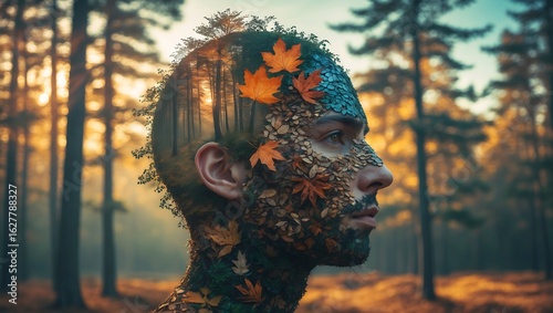 Surreal portrait of a woman s face composed of autumn forest elements and trees
