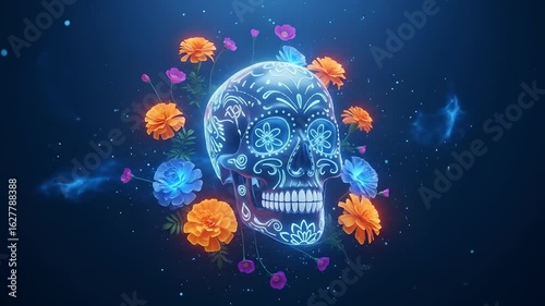 Day of the Dead neon skull animation with marigolds and purple flowers, Mexican culture celebration. Festive, Halloween celebration, holidays, events, memorials, background art.