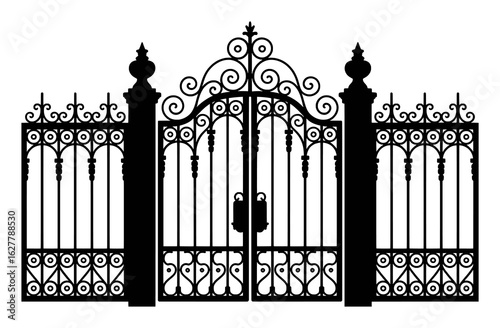 Ornate wrought iron gate with decorative scrollwork and finials vector