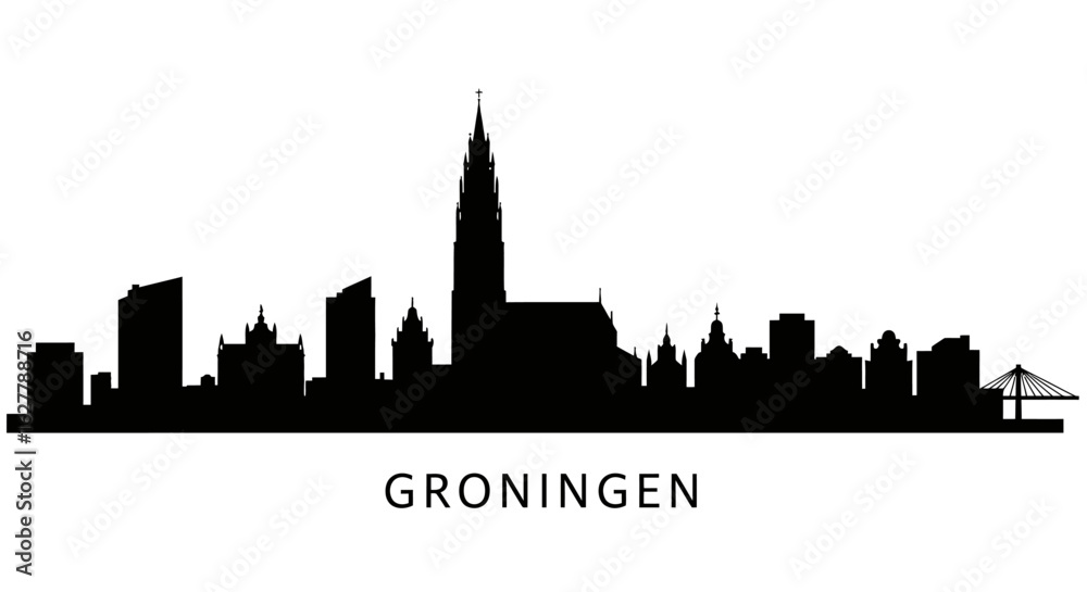 Obraz premium Groningen Skyline with Netherlands, and Black Silhouette.