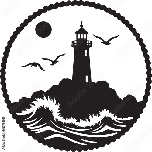 "Coastal Lighthouse Silhouette with Birds and Sun"