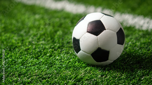 Soccer ball on green grass field with white line, close up of black and white ball on vibrant artificial turf, outdoor sports equipment for football game