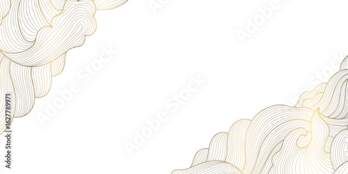 Vector japanese line gold cloud background, corners curve vintage design. Wave chinese illustration, oriental organic decoration, abstract fancy pattern