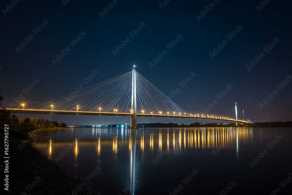 Obraz premium Modern suspension bridge at night, illuminated cables reflecting in still water below
