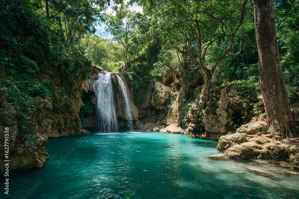 Naklejka premium Tropical waterfall cascading into a turquoise pool, lush greenery