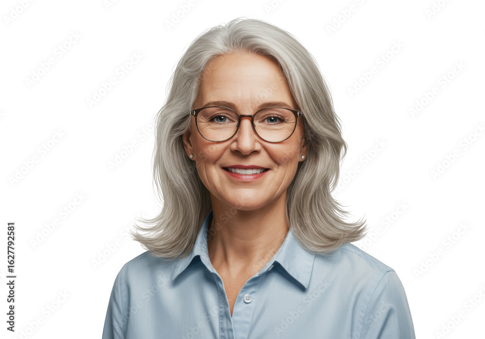 Fototapeta premium Smiling older woman with gray hair wearing glasses isolated on transparent background