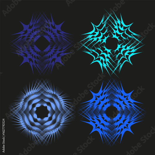 Abstract star patterns. Vibrant spiky shapes. Dynamic burst Vector. Fu