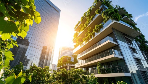 Modern Green Buildings Architecture with Balconies and Glass Facades