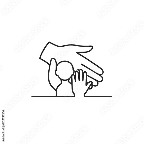 This minimalist line art illustration beautifully depicts the profound concept of adult protection and nurturing care for a vulnerable child, symbolizing safety and support.